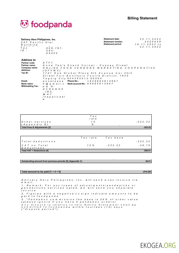 États Unis New York Relevé de facturation Foodpanda Modèle Word et PDF, 4 pages